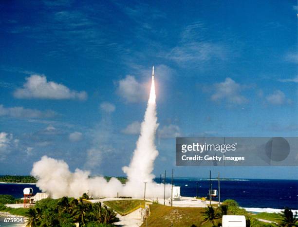 Prototype interceptor is launched from the Kwajalein Missile Range December 3, 2001 in Hawaii. The United States military has been testing...