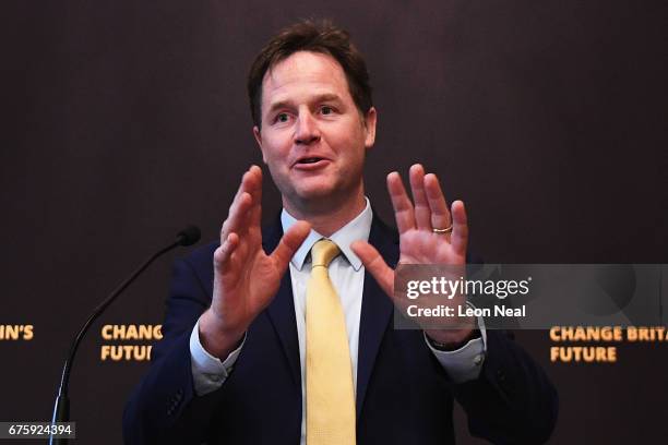 Former Liberal Democrat leader Nick Clegg gives a speech at the National Liberal Club on May 2, 2017 in London, England. During his speech Mr Clegg...