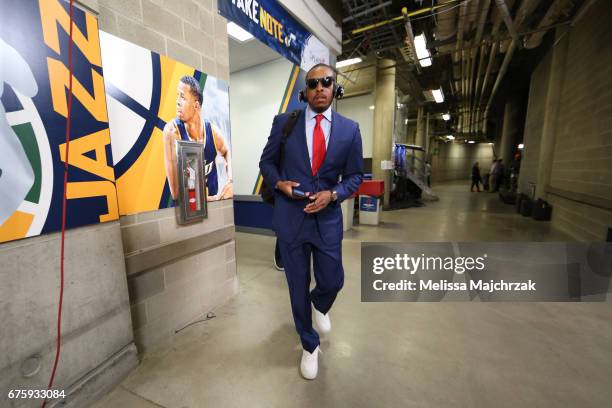 Paul Pierce of the Los Angeles Clippers enters the arena before the game against the Utah Jazz at vivint.SmartHome Arena on April 28, 2017 in Salt...