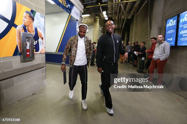 Chris Paul and Sam Cassell of the Los Angeles Clippers enters the arena before the game against the Utah Jazz at vivint.SmartHome Arena on April 28,...