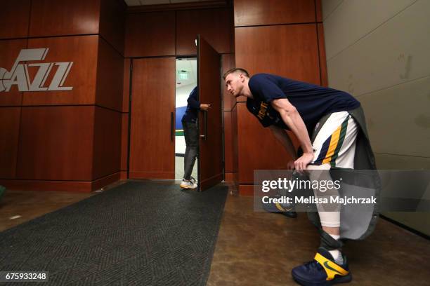 Gordon Hayward of the Utah Jazz stretches before the game against the Los Angeles Clippers at vivint.SmartHome Arena on April 28, 2017 in Salt Lake...