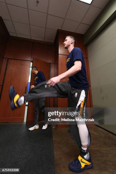 Gordon Hayward of the Utah Jazz stretches before the game against the Los Angeles Clippers at vivint.SmartHome Arena on April 28, 2017 in Salt Lake...