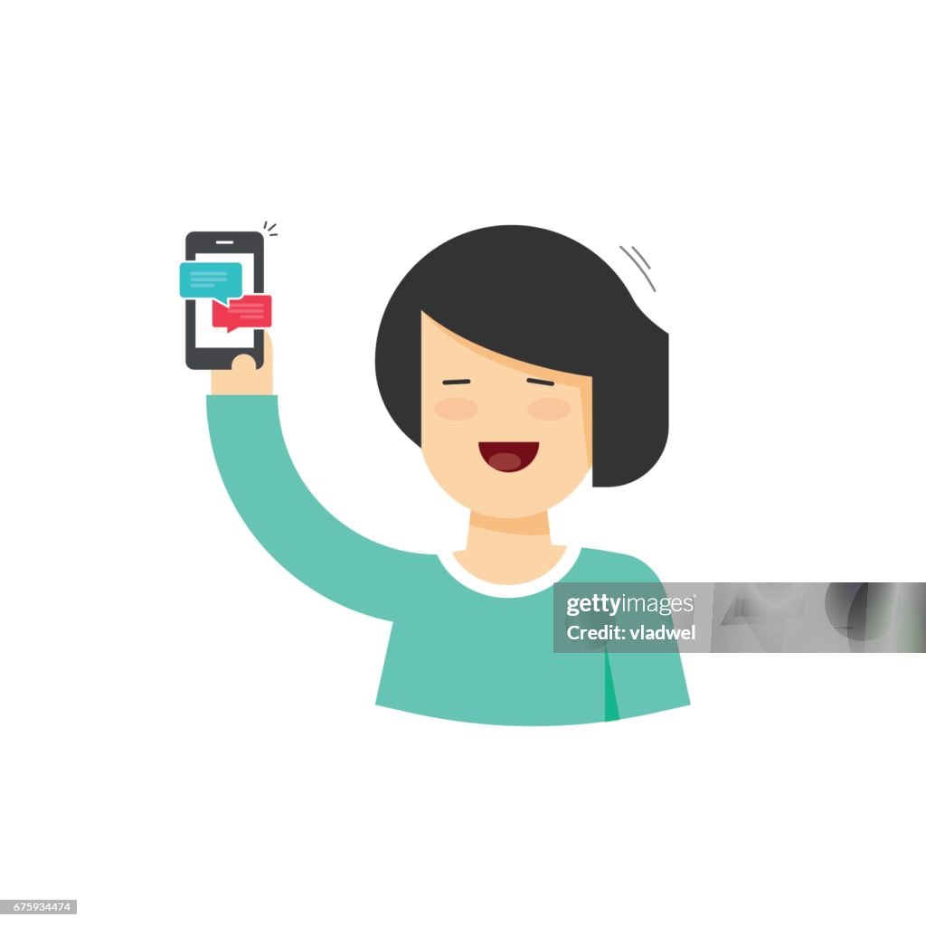 Cartoon Happy Woman Holding Smartphone With Chatting Notifications Female  Person With Mobile Phone And Sms Messages High-Res Vector Graphic - Getty  Images