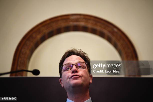 Former Liberal Democrat leader Nick Clegg delivers a speech at the National Liberal Club on May 2, 2017 in London, England. During his speech Mr...