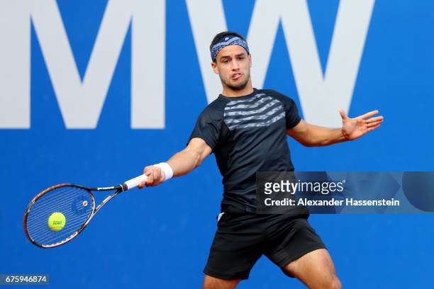 Nicolas Kicker of Argentina plays the ball against Martin Klizan of Slovakia during their first round match of the 102. BMW Open by FWU at Iphitos...