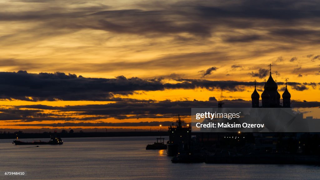 Sunset in Arkhangelsk over Northern Dvina river
