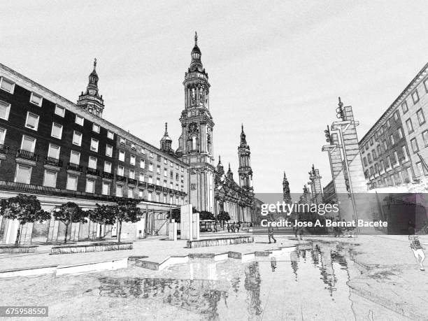 illustration in black and white, tourists walking by plaza major of the basilica of our lady of the pillar, zaragoza - religiöse darstellung stock-grafiken, -clipart, -cartoons und -symbole