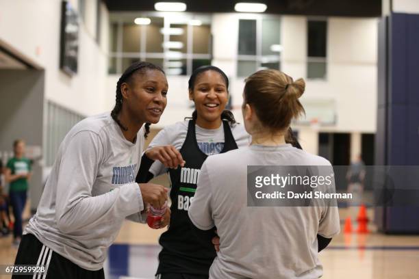 Maya Moore of the Minnesota Lynx talks to her teammates during training camp on April 30, 2017 at the Minnesota Timberwolves and Lynx Courts at Mayo...