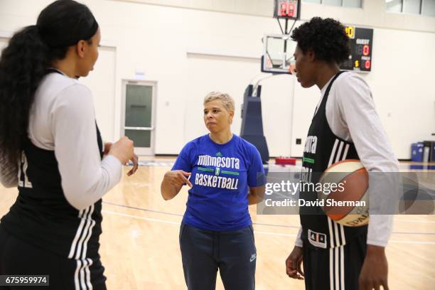 Shelley Patterson of the Minnesota Lynx coaches during training camp on April 30, 2017 at the Minnesota Timberwolves and Lynx Courts at Mayo Clinic...