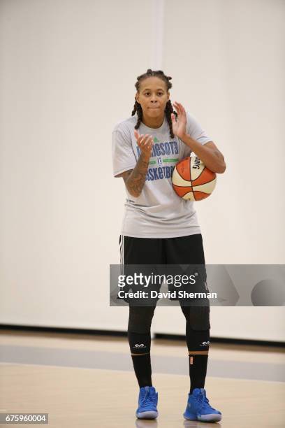 Seimone Augustus of the Minnesota Lynx claps during training camp on April 30, 2017 at the Minnesota Timberwolves and Lynx Courts at Mayo Clinic...