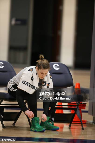 Lindsay Whalen of the Minnesota Lynx ties her shoes during training camp on April 30, 2017 at the Minnesota Timberwolves and Lynx Courts at Mayo...