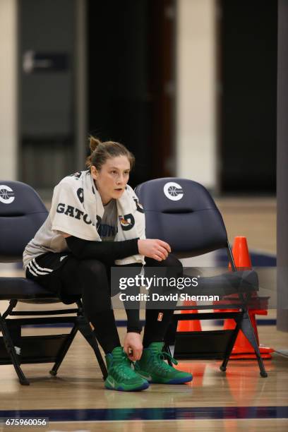 Lindsay Whalen of the Minnesota Lynx looks on during training camp on April 30, 2017 at the Minnesota Timberwolves and Lynx Courts at Mayo Clinic...