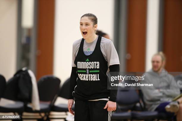 Lindsay Whalen of the Minnesota Lynx yells during training camp on April 30, 2017 at the Minnesota Timberwolves and Lynx Courts at Mayo Clinic Square...