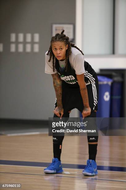 Seimone Augustus of the Minnesota Lynx looks on during training camp on April 30, 2017 at the Minnesota Timberwolves and Lynx Courts at Mayo Clinic...