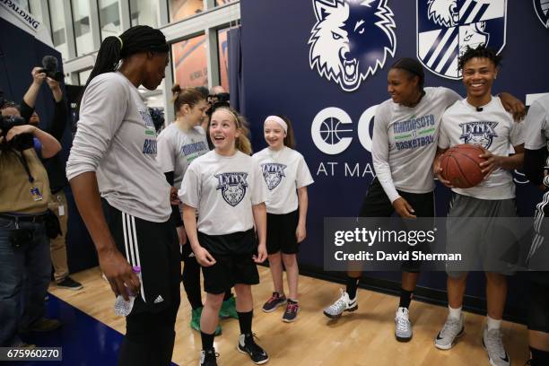 Sylvia Fowles of the Minnesota Lynx talks to kids during training camp on April 30, 2017 at the Minnesota Timberwolves and Lynx Courts at Mayo Clinic...