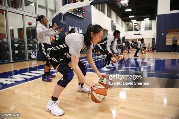 Shao Ting of the Minnesota Lynx dribbles the ball during training camp on April 30, 2017 at the Minnesota Timberwolves and Lynx Courts at Mayo Clinic...