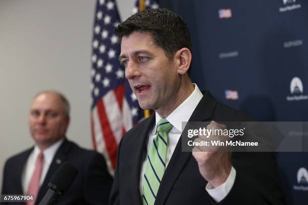 Speaker of the House Paul Ryan answers questions during a press conference following a meeting of the House Republican caucus at the U.S. Capitol May...