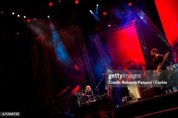Italian singer Brunori Sas performs in concert at 1st Of May Concert on May 01, 2017 in Rome, Italy.