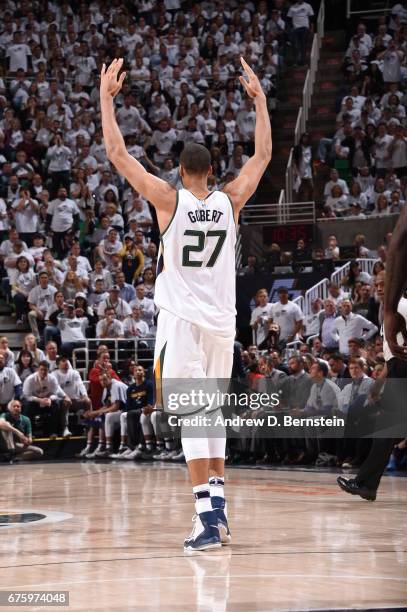 Rudy Gobert of the Utah Jazz celebrates during the game against the Los Angeles Clippers during Game Six of the Western Conference Quarterfinals of...