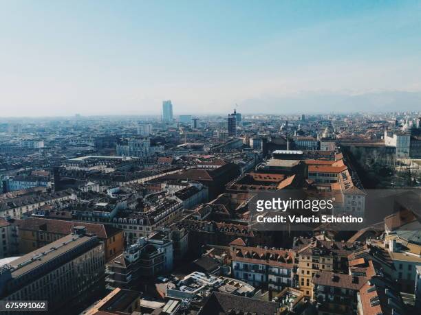elevated view of turin from the mole antonelliana - innevato stock pictures, royalty-free photos & images