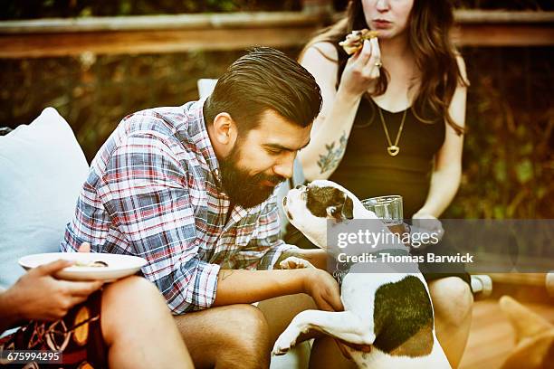 man playing with dog while dining with friends - canine stockfoto's en -beelden