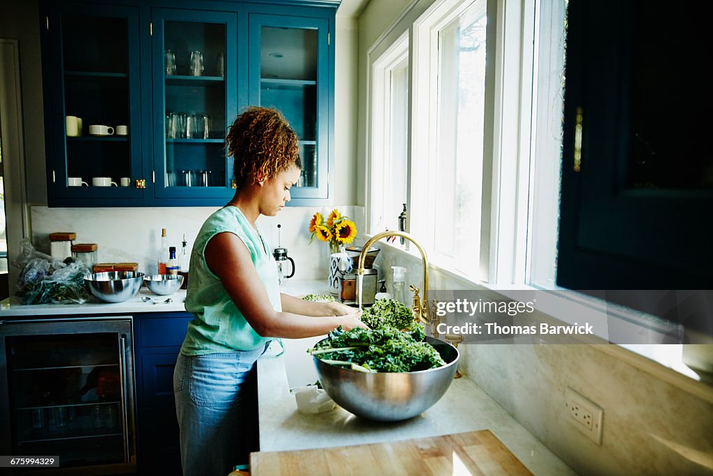 Woman washing organic kale in kitchen sink