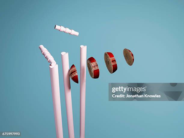 sliced cricket ball takes a wicket - cricket ball stockfoto's en -beelden