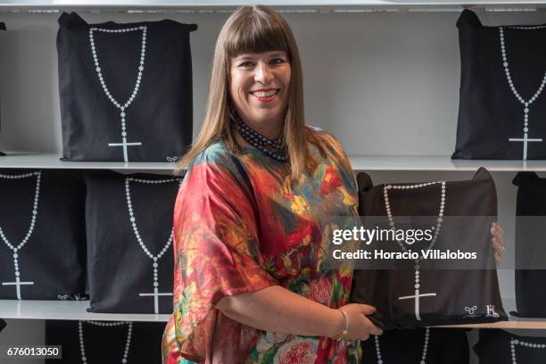 Portuguese artist Joana Vasconcelos shows rosary bags during a press conference with Managing Director at The History Channel, Iberia, Carolina...