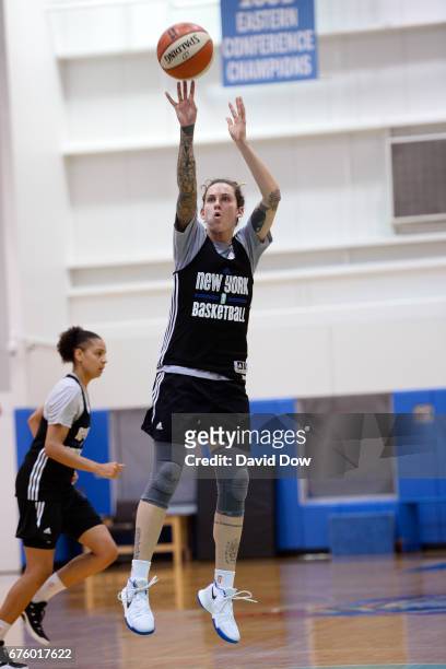 Jacki Gemelos of the New York Liberty shoots the ball during practice on May 1, 2017 at the MSG Training Center in Tarrytown, New York. NOTE TO USER:...