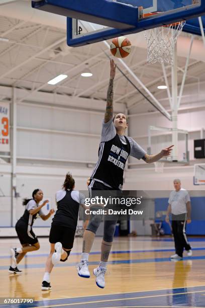 Jacki Gemelos of the New York Liberty drives to the basket during practice on May 1, 2017 at the MSG Training Center in Tarrytown, New York. NOTE TO...