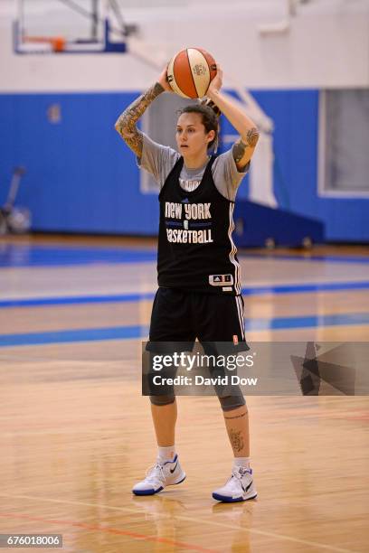 Jacki Gemelos of the New York Liberty looks to pass the ball during practice on May 1, 2017 at the MSG Training Center in Tarrytown, New York. NOTE...