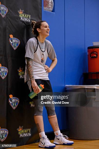 Jacki Gemelos of the New York Liberty smiles and looks on during practice on May 1, 2017 at the MSG Training Center in Tarrytown, New York. NOTE TO...