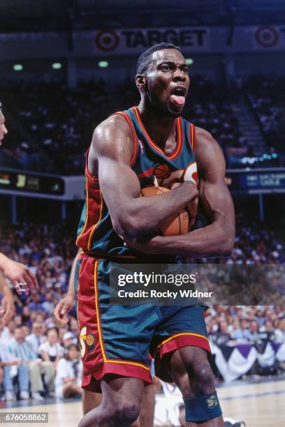 Shawn Kemp of the Seattle SuperSonics reacts against the Sacramento Kings circa 1995 at Arco Arena in Sacramento, California. NOTE TO USER: User...