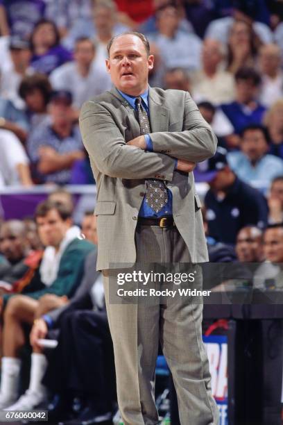 George Karl of the Seattle SuperSonics looks on against the Sacramento Kings circa 1995 at Arco Arena in Sacramento, California. NOTE TO USER: User...