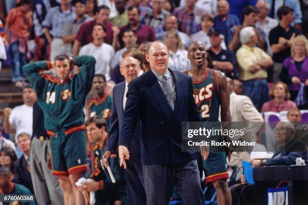 George Karl of the Seattle SuperSonics react against the Sacramento Kings circa 1995 at Arco Arena in Sacramento, California. NOTE TO USER: User...