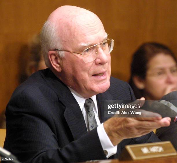 Chairman Patrick Leahy puts questions to U. S. Attorney General John Ashcroft during a hearing on "Justice Department Oversight: Preserving Our...