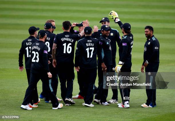 Surrey celebrate dismissing Neil Wagner of Essex during the Royal London One-Day Cup match between Surrey and Essex at The Kia Oval on May 2, 2017 in...