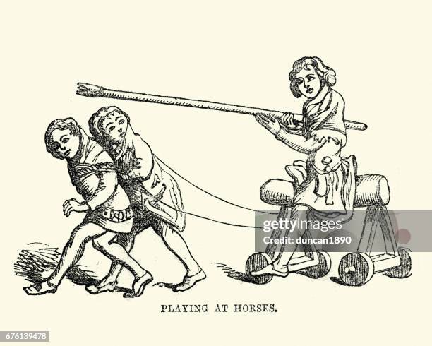 mittelalterliche kinder palying im fechten - ritter spielzeug stock-grafiken, -clipart, -cartoons und -symbole