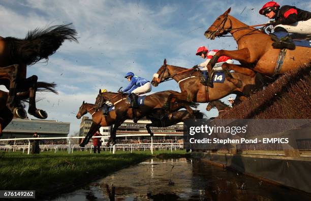 Exmoor Ranger ridden by Joshua Guerriero wins the Racing UK Handicap Steeple Chase on the first day of the Winter Festival at Newbury Racecourse