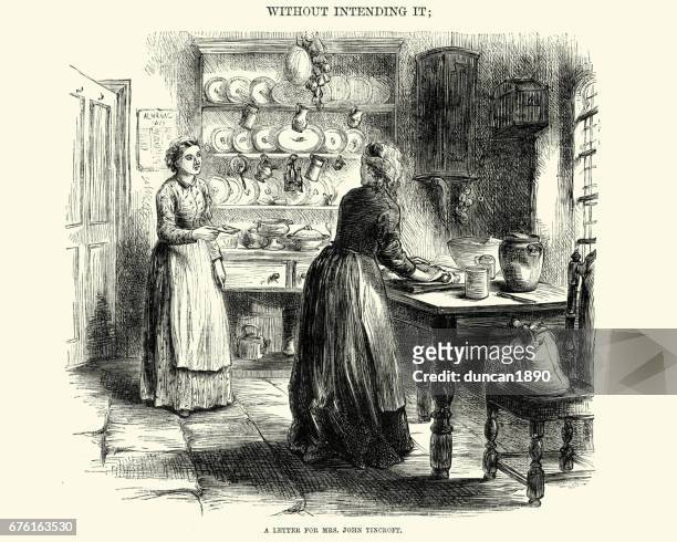ilustraciones, imágenes clip art, dibujos animados e iconos de stock de joven joven victoriano para hornear en la cocina, siglo xix - mujer joven cocinando