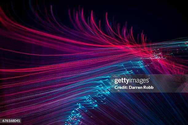 fibre optic wires illuminated blue and pink - internet cable stock pictures, royalty-free photos & images