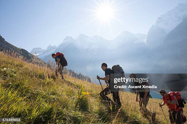 group of hikers ascend steep mountain slope, sun - calções azuis imagens e fotografias de stock