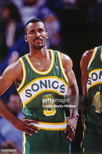 Eddie Johnson of the Seattle SuperSonics looks on against the Sacramento Kings circa 1992 at Arco Arena in Sacramento, California. NOTE TO USER: User...