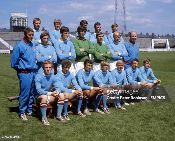 Back row, left to right: Alan Oakes, Colin Bell, Mike Doyle, Glyn Pardoe, Tony Book. Middle, left to right: row: Malcolm Allison, Arthur Mann, Tommy...