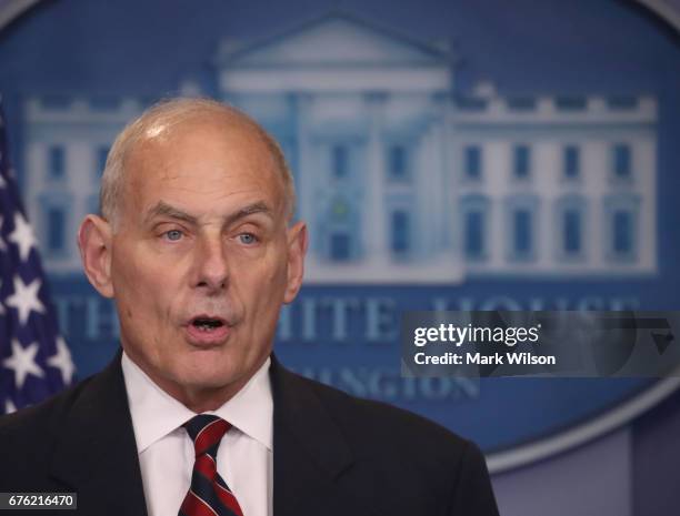 Secretary of Homeland Security John Kelly speaks to the media in the briefing room at the White House, on May 2, 2017 in Washington, DC.