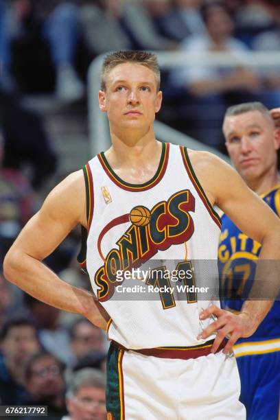 Detlef Schrempf of the Seattle SuperSonics looks on against the Golden State Warriors circa 1997 at Key Arena in Seattle, Washington. NOTE TO USER:...