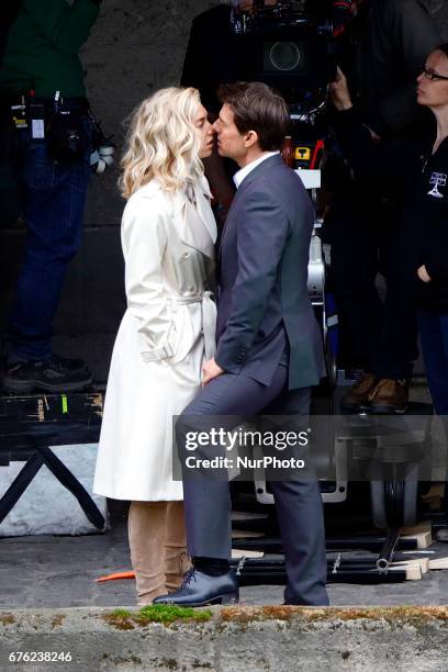 Tom Cruise seen kissing Vanessa Kirby during a scene for 'Mission Impossible 6' in Paris, France, on May 2, 2017.