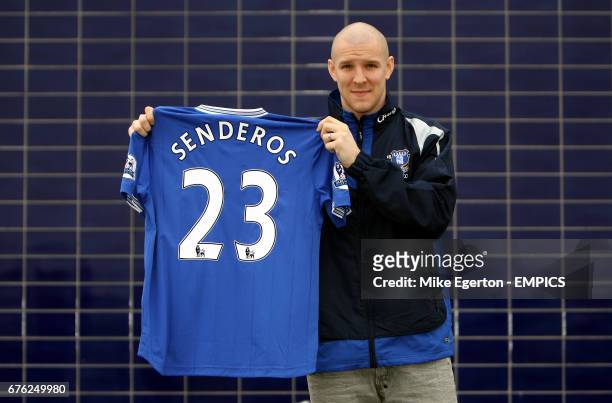 Philippe Senderos is unveiled as an Everton player at the clubs' Finch Farm Training Complex