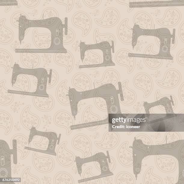 sewing machine beige wallpaper seamless pattern retro design - sewing background stock illustrations