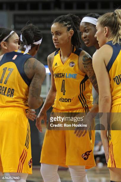 Candice Dupree of the Indiana Fever huddles with her team during the game gainst the Washington Mystics on May 2, 2017 at Indiana Farmers Coliseum in...